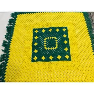 Vintage Handmade Crochet Green and Yellow Throw Blanket Afghan